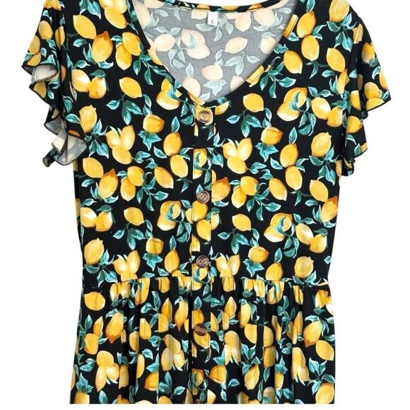 WNEEDU Summer Dress Size Large Black Yellow Lemon Print Cap Sleeves Pockets - Picture 3 of 8